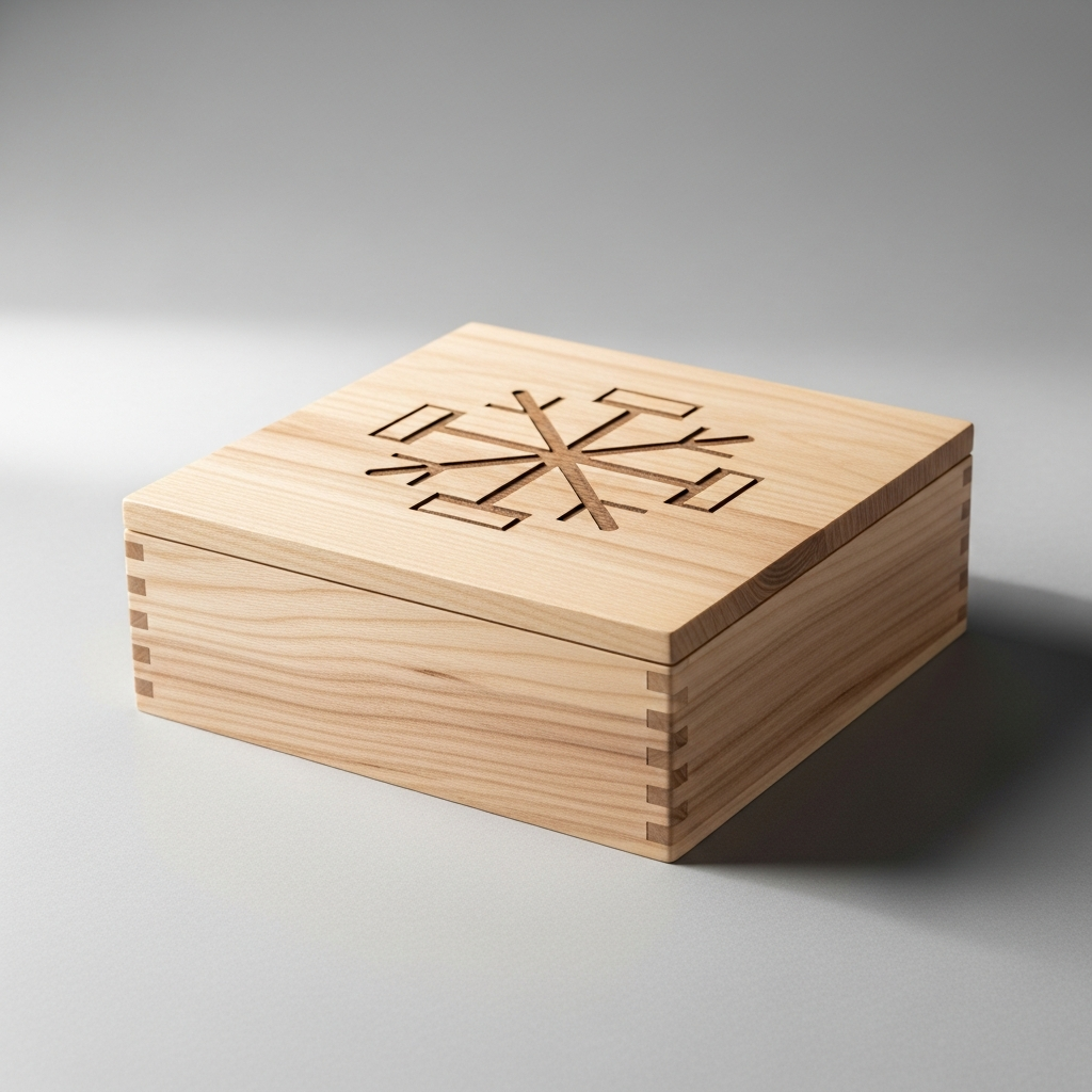 Caja de madera grabada con láser junto a una pulsera personalizada con una cruz de plata
