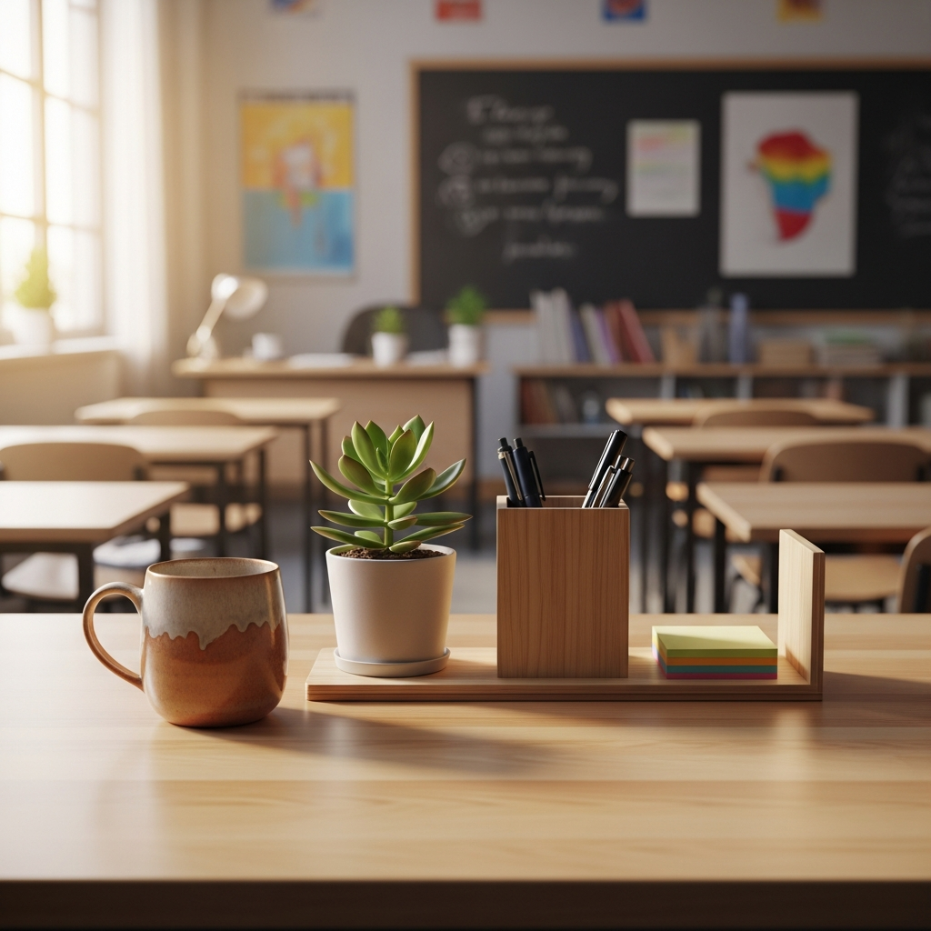 Mesa de profesor con una taza personalizada, una agenda y un portalápices de madera