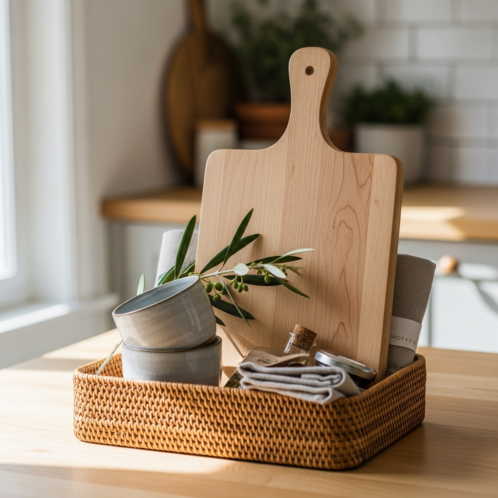 Caja de regalo abierta con una tabla de madera grabada y una taza personalizada para un nuevo hogar