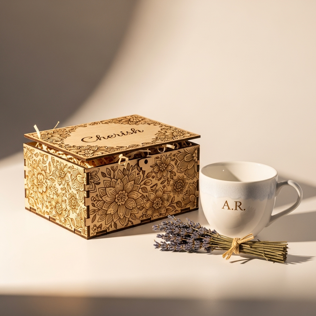 Taza de cerámica y tabla de madera grabada con láser personalizadas y presentadas como regalos elegantes