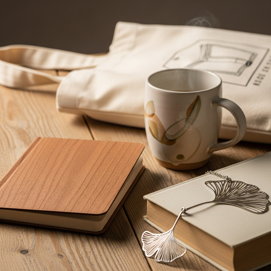 Taza literaria, libreta de madera y marcapáginas personalizado junto a una pila de libros sobre una mesa