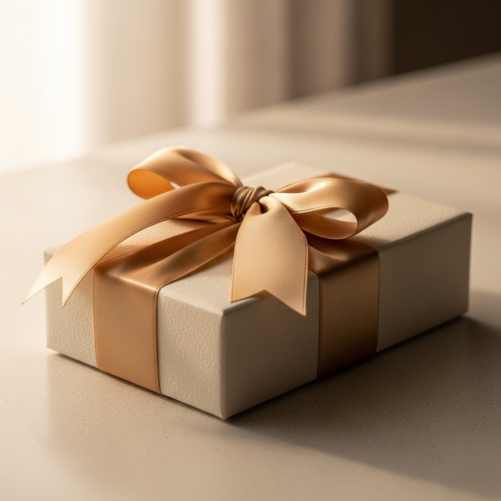 Persona pensativa sosteniendo una caja de regalo decorada con un gran lazo
