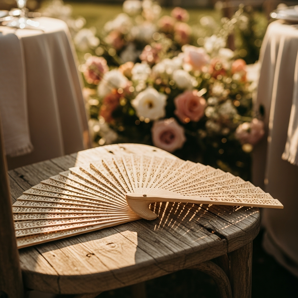 Abanicos de madera personalizados con nombres en las sillas de una ceremonia de boda exterior en verano