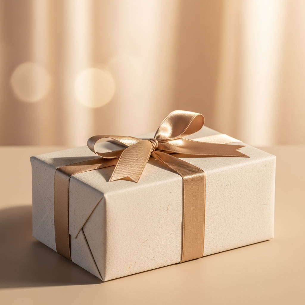 Persona sosteniendo un regalo envuelto en papel kraft con un lazo sencillo y una tarjeta en blanco