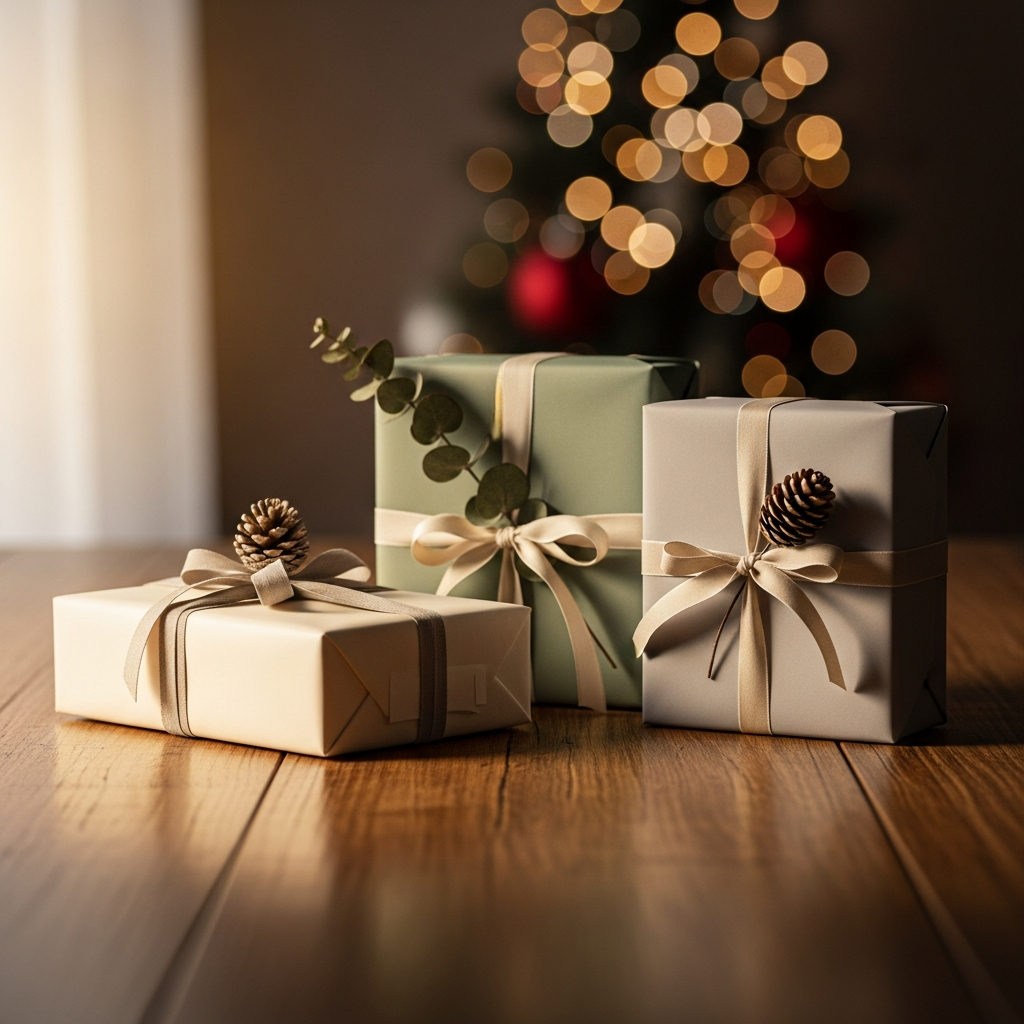 Manos que entregan un regalo envuelto en papel kraft con un lazo rojo y etiqueta sobre fondo navideño