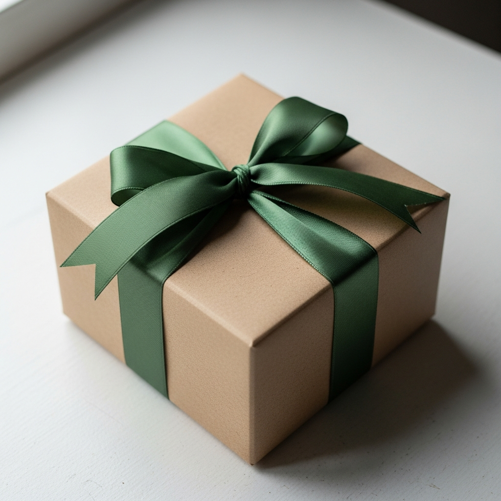 Manos abriendo una caja de regalo decorada con papel kraft, cuerda de yute y una ramita verde