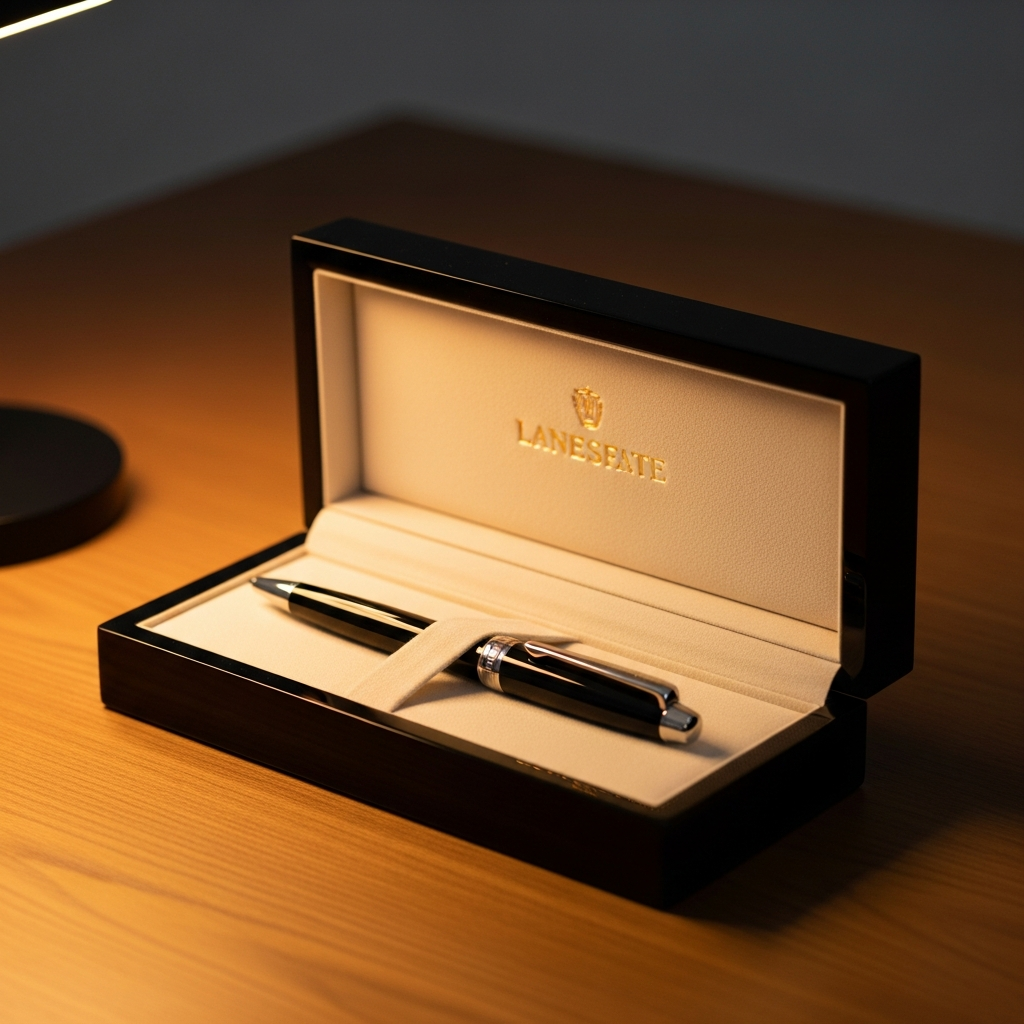 Elegante bolígrafo de metal grabado en un estuche de madera abierto sobre un escritorio