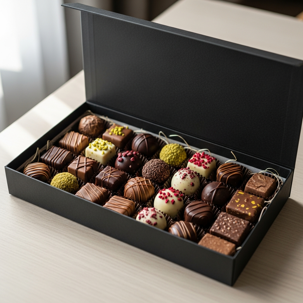 Caja de cartón de envío abierta con un elegante surtido de bombones artesanales de chocolate