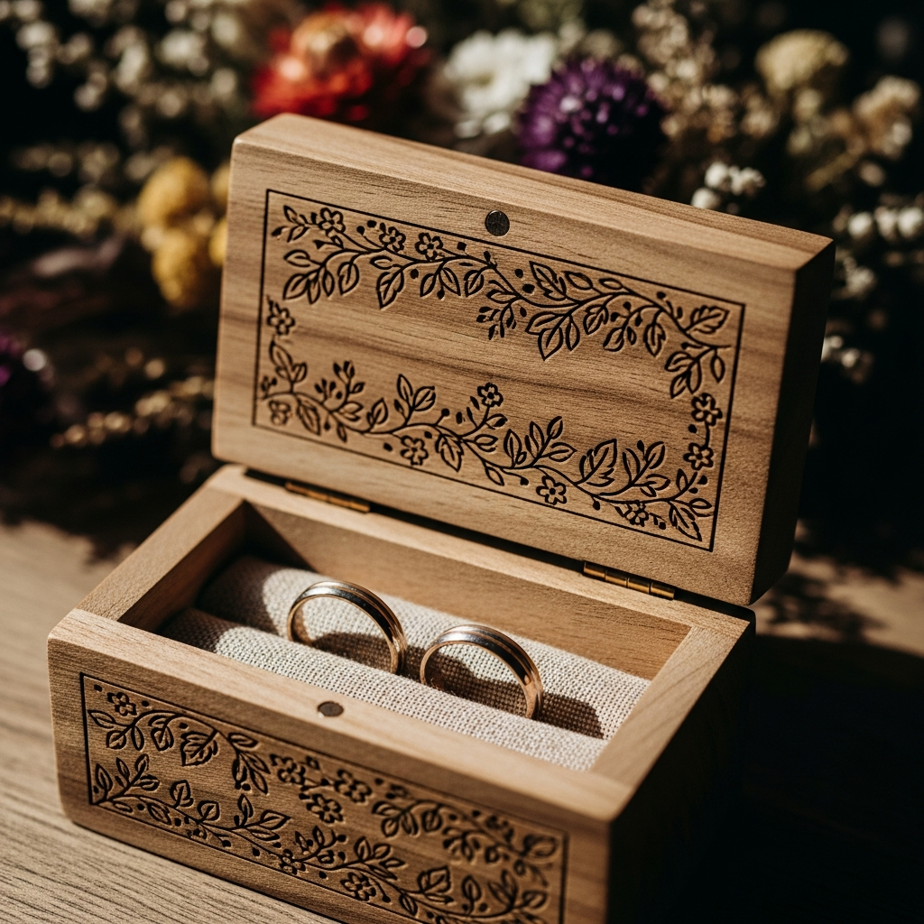 Caja de madera grabada con las iniciales de los novios y dos alianzas de boda en su interior
