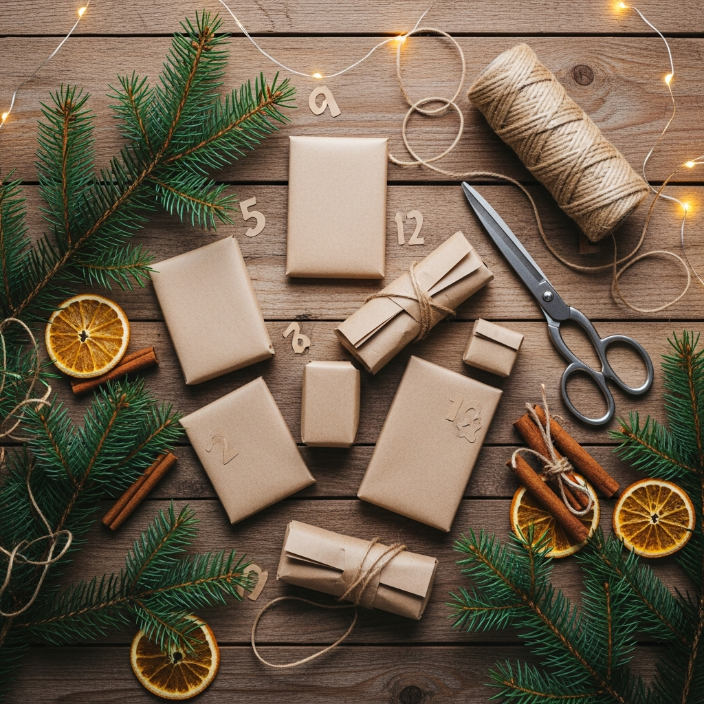 Manos montando un calendario de adviento casero con cajitas de cartón kraft numeradas y detalles navideños