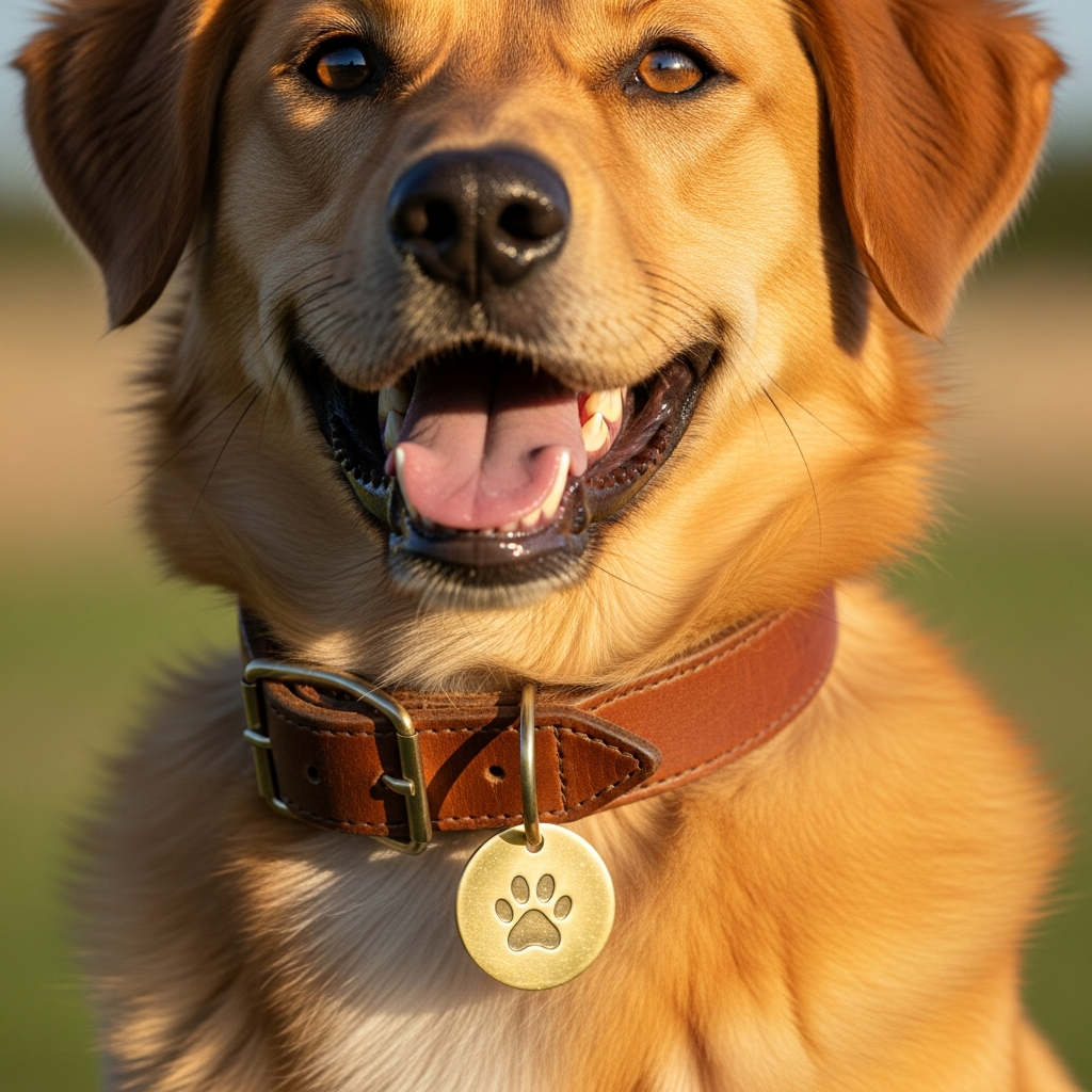 Primer plano de un perro luciendo una resistente chapa de acero inoxidable grabada en su collar