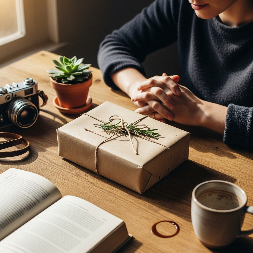 Mujer sonriente que busca ideas de regalos en el perfil de redes sociales de un amigo desde su móvil