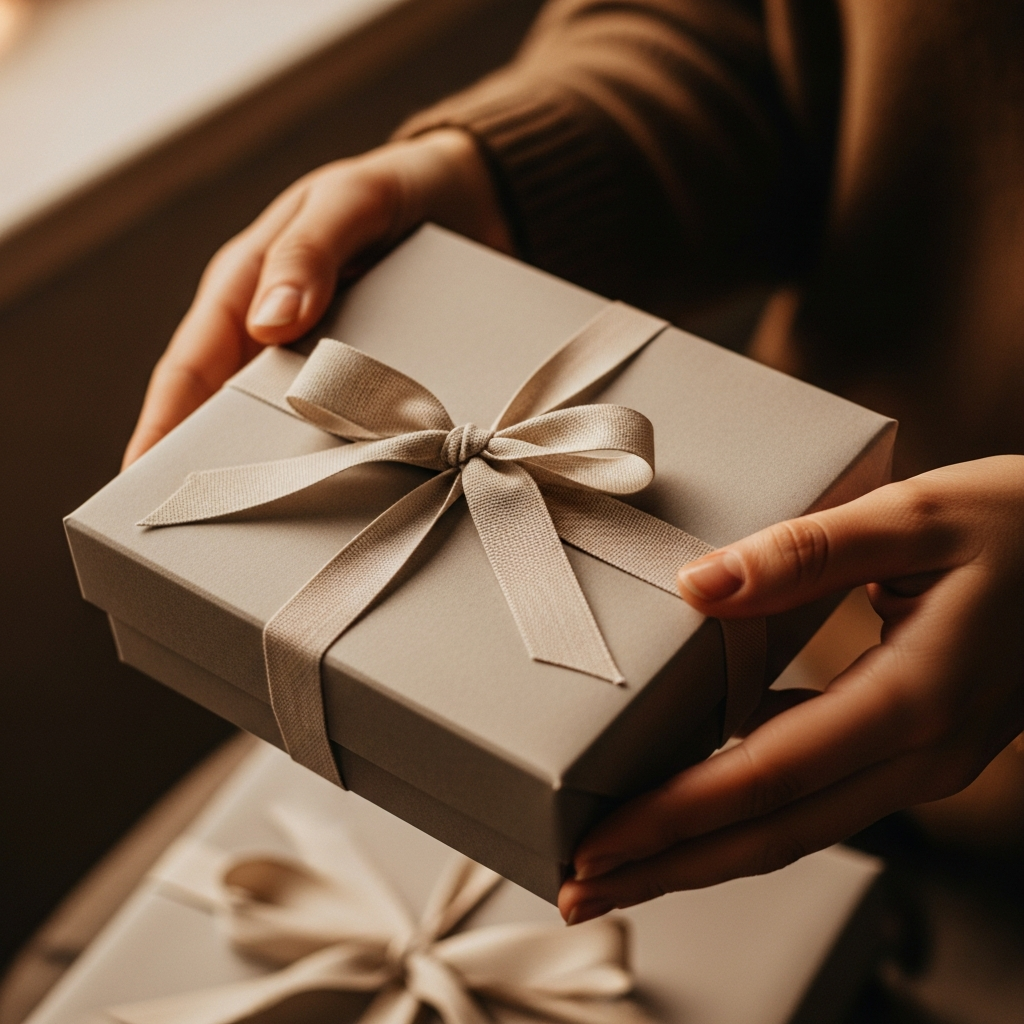 Manos ofreciendo un regalo bellamente envuelto con lazo de raso y una tarjeta escrita a mano