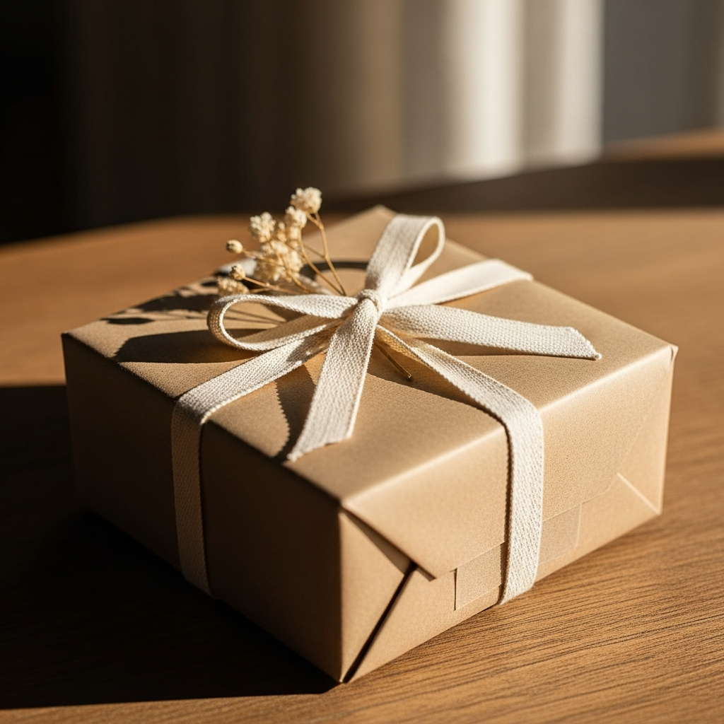 Manos atando un lazo de cuerda a un regalo envuelto en papel kraft con una tarjeta dedicatoria y flores secas