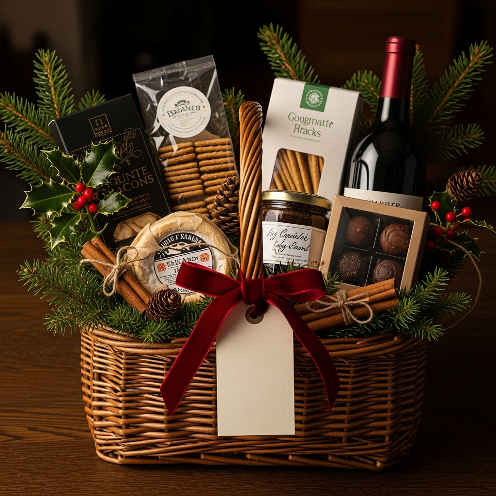 Caja de regalo de Navidad con vino, dulces selectos, una vela y una dedicatoria escrita a mano