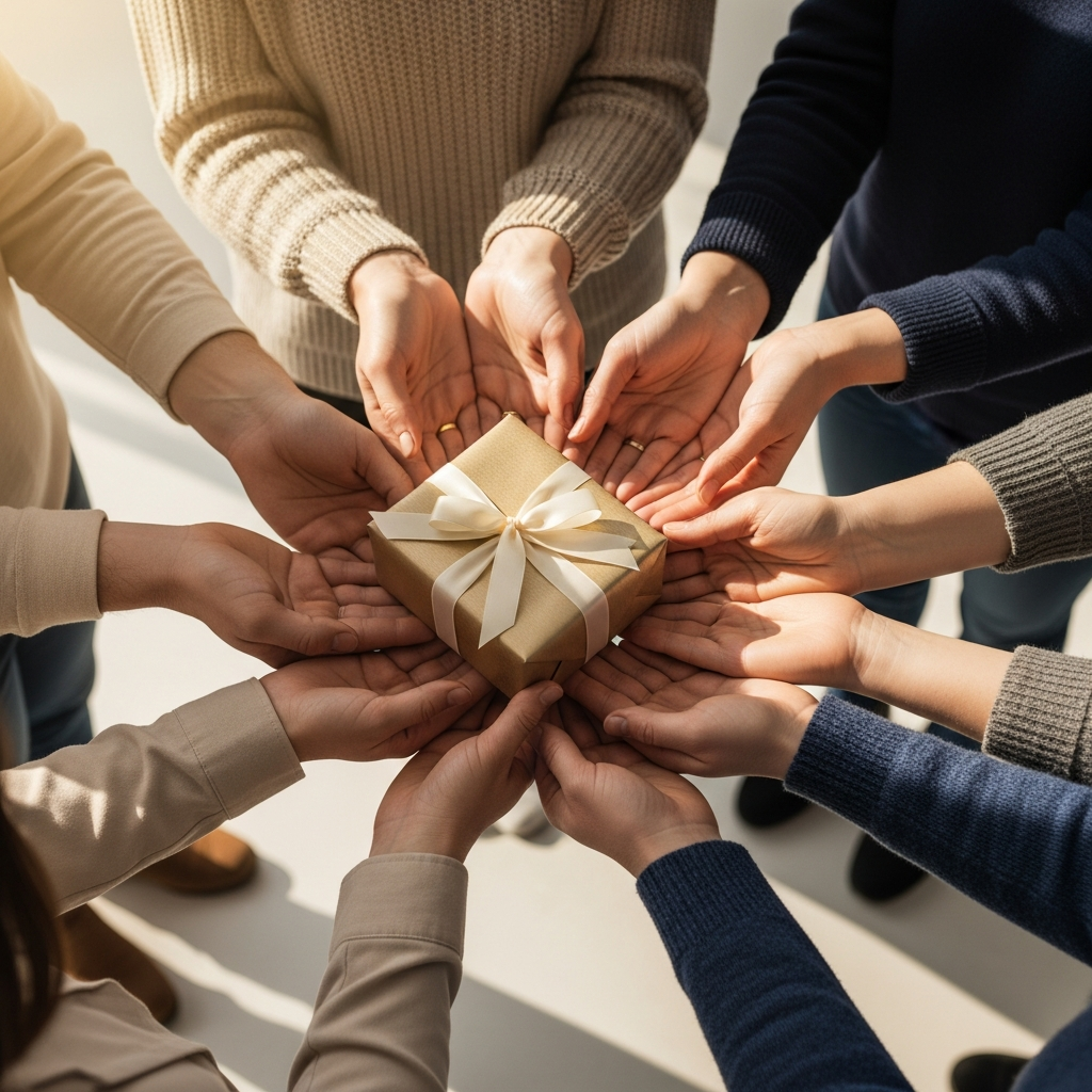 Manos de varias personas sosteniendo juntas un regalo envuelto y un teléfono móvil sobre una mesa