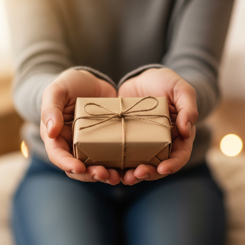 Manos que sostienen con cuidado un pequeño regalo envuelto en papel kraft con un lazo de cuerda sencillo