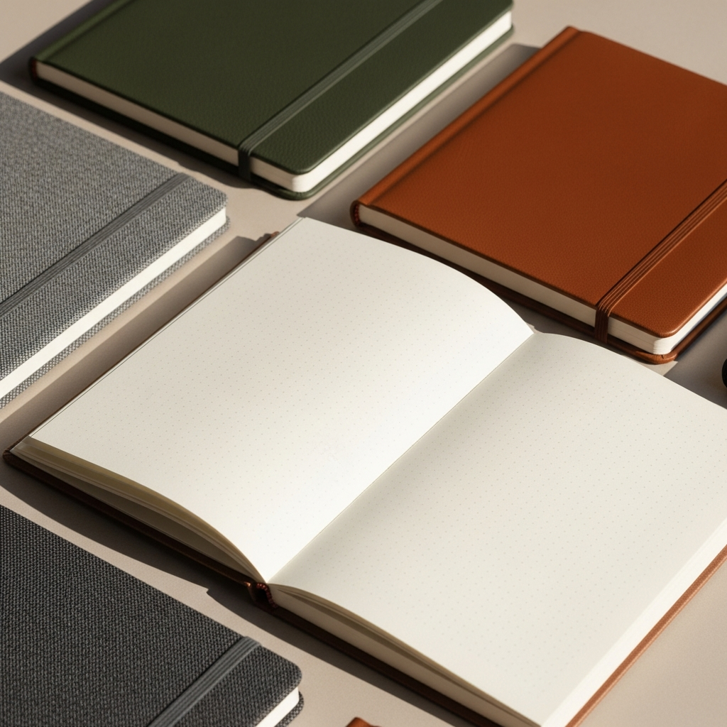 Cuadernos con portadas de madera y tela junto a páginas abiertas con pautas de puntos, líneas y cuadrícula