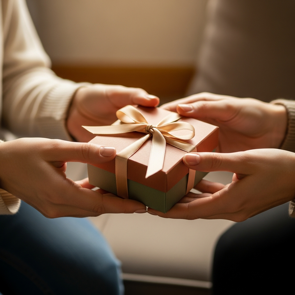 Dos amigas sonrientes se abrazan mientras una de ellas sostiene una pequeña caja de regalo con un lazo elegante