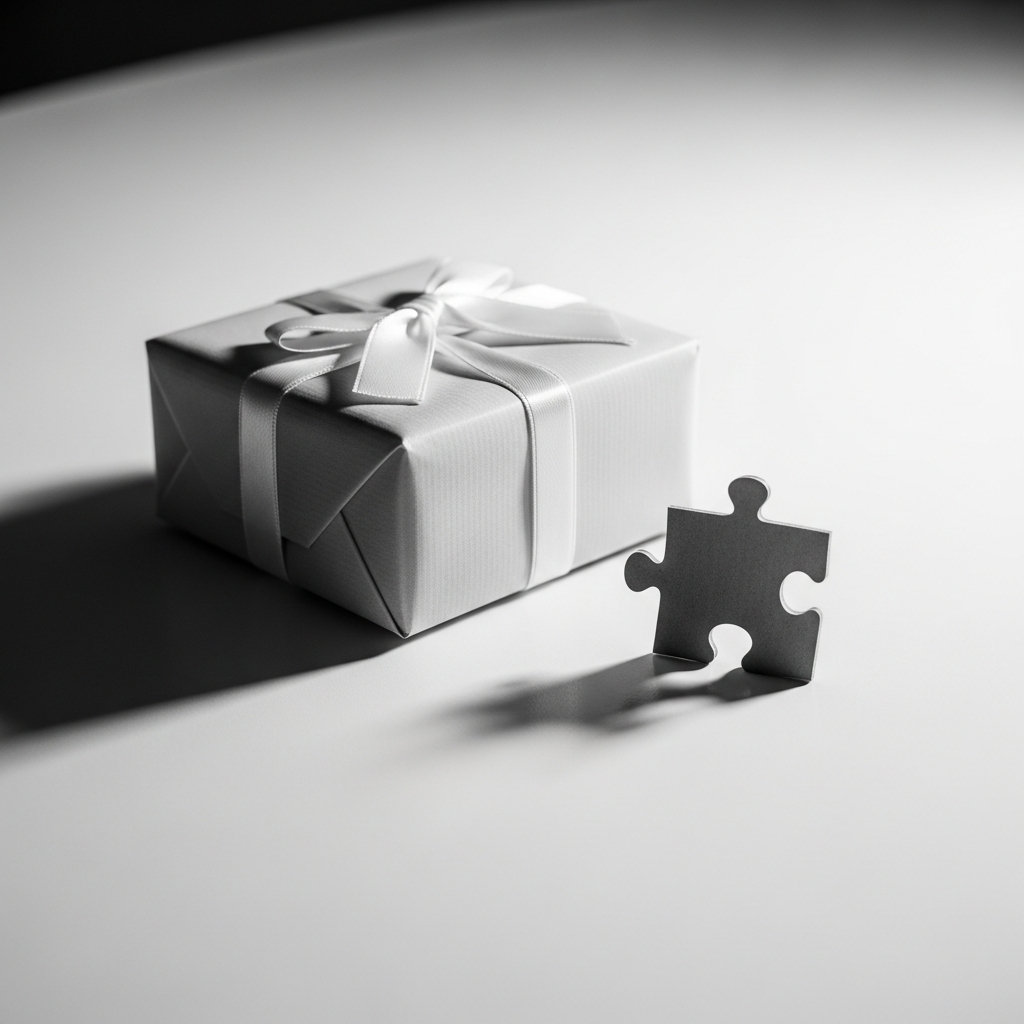 Una mujer con gesto de decepción al abrir una caja de regalo con un lazo rojo