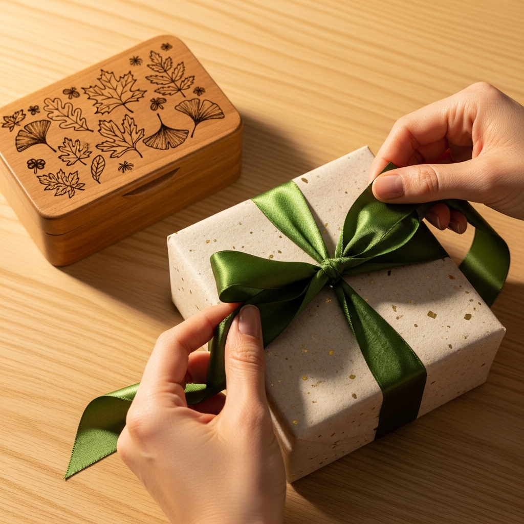 Manos sosteniendo una caja de madera con grabado láser personalizado y un lazo de tela en una presentación cuidada