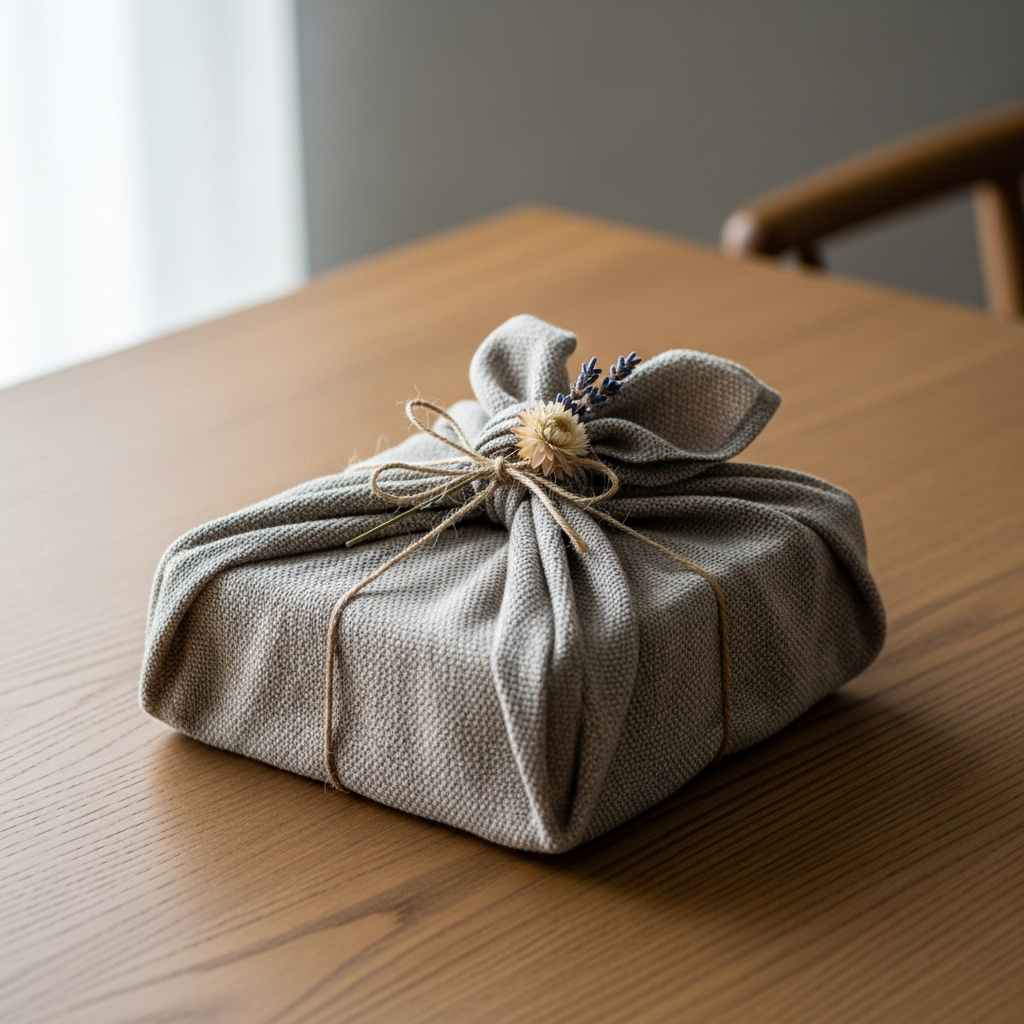 Regalos envueltos con telas reutilizables, papel de periódico y cuerdas de yute sobre una mesa de madera