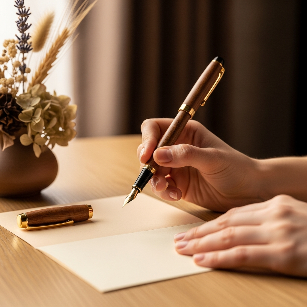 Mano escribiendo con pluma estilográfica en una tarjeta de regalo junto a un sobre de papel kraft
