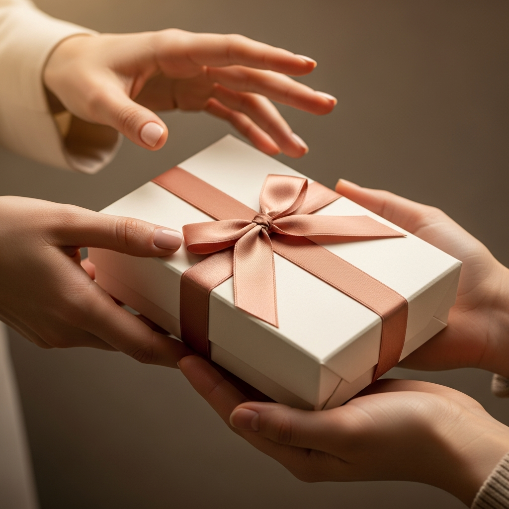 Manos que entregan y reciben un regalo elegante con un gran lazo de seda