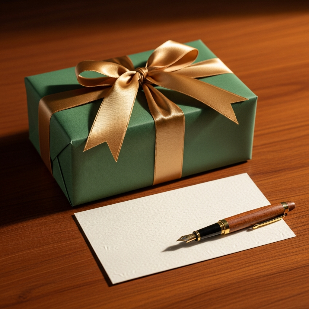 Manos escribiendo una dedicatoria en una tarjeta pequeña junto a un paquete de regalo envuelto con un lazo