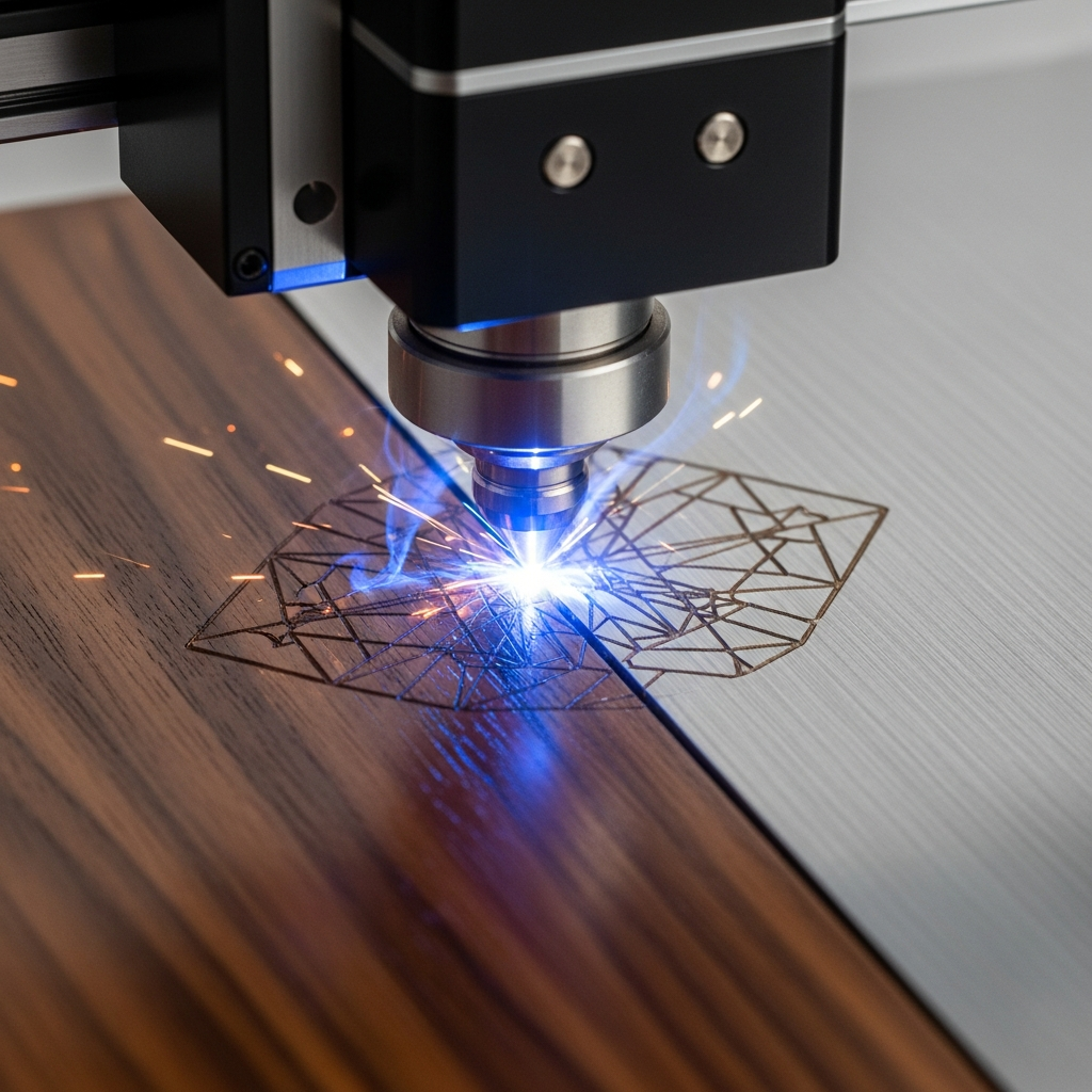 Láser de precisión detallando un diseño sobre una placa de madera con destellos de luz brillante
