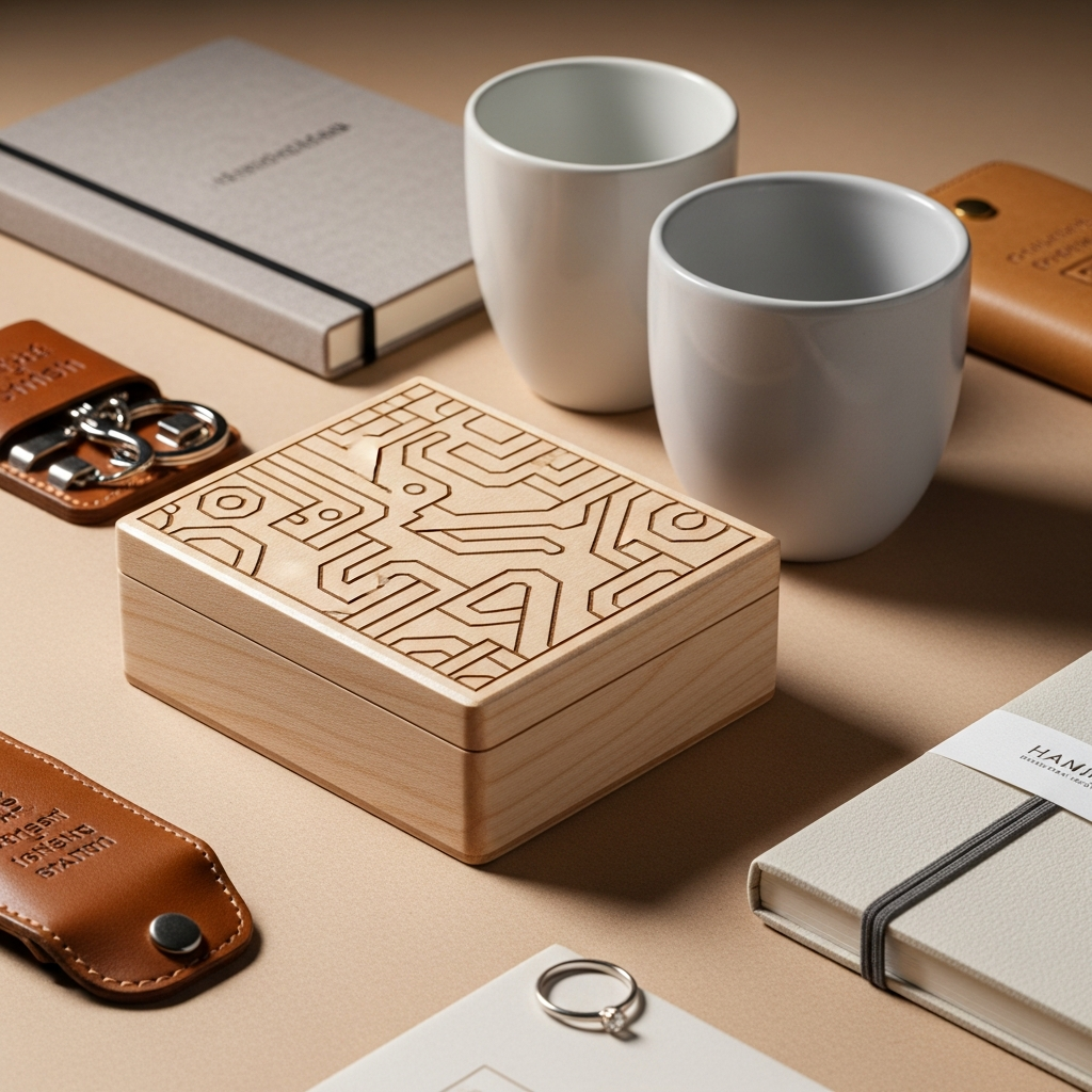 Llavero de madera con coordenadas grabadas y taza personalizada con diseño minimalista moderno sobre una mesa