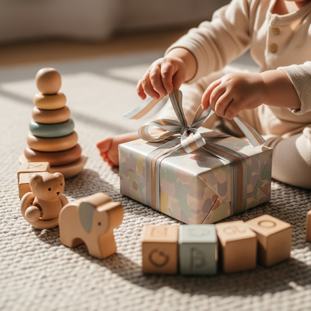 Bebé de doce meses sonriente jugando con juguetes de madera educativos y un regalo envuelto