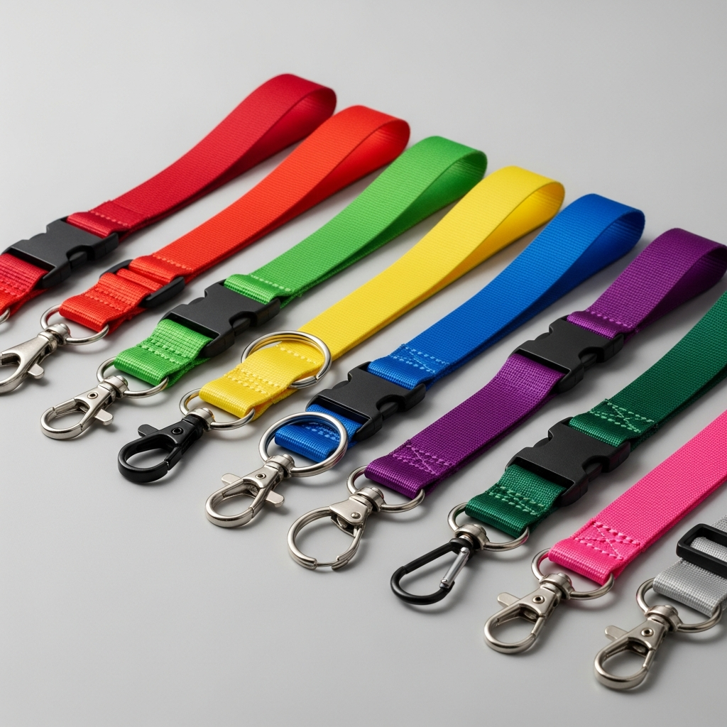 Lanyards de varios colores con diferentes tipos de enganches y mosquetones metálicos