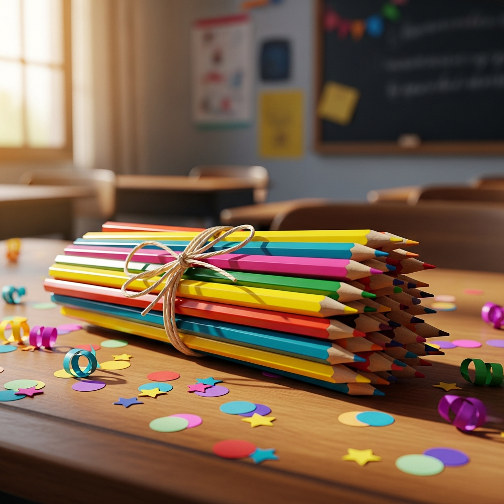 Lápices de madera de colores con nombres infantiles grabados ordenados sobre una mesa escolar