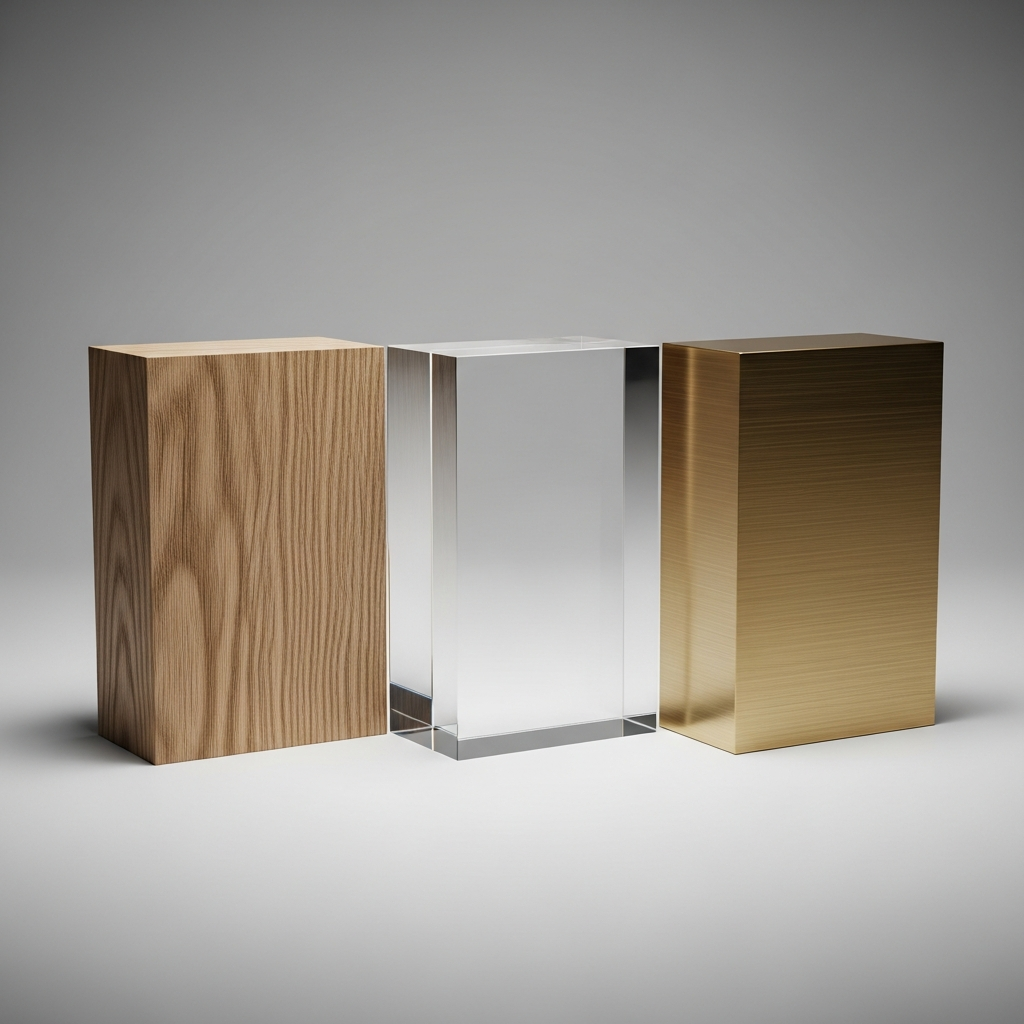Tres llaveros personalizados de madera, acrílico transparente y metal sobre una superficie de madera clara