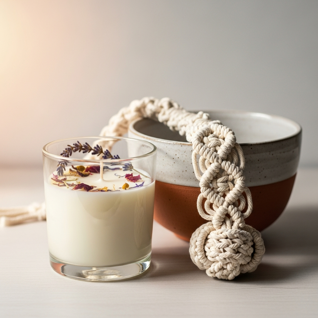 Velas de soja artesanales, un llavero de macramé y cuencos de arcilla decorativos sobre una mesa de madera
