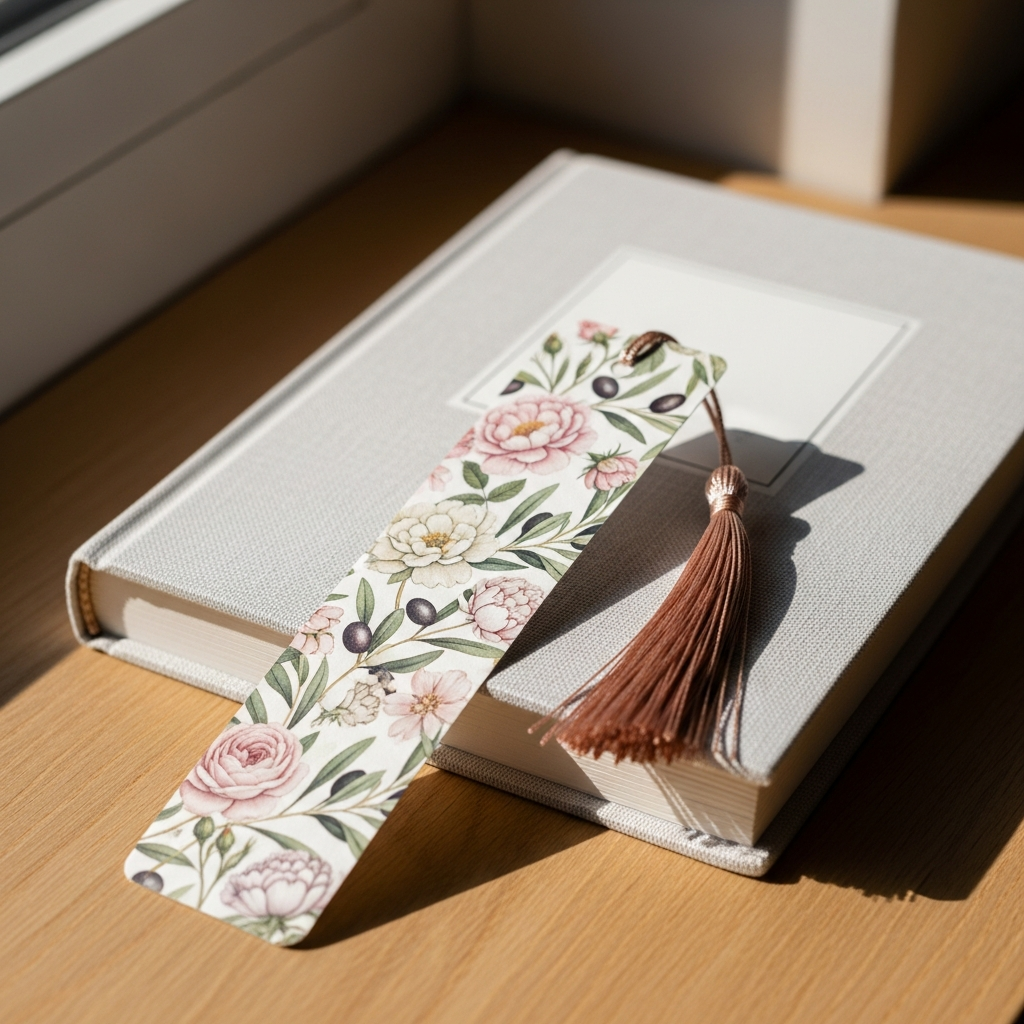 Marcapáginas de madera personalizado con flores secas y un cordel sobre un libro abierto