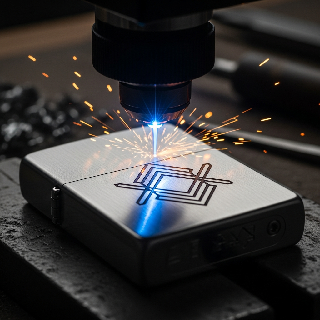 Mechero de metal plateado con un grabado láser personalizado sobre una mesa de taller
