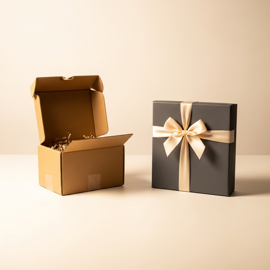 Manos colocando una etiqueta con nombre en una caja de regalo de cartón sobre una mesa de madera