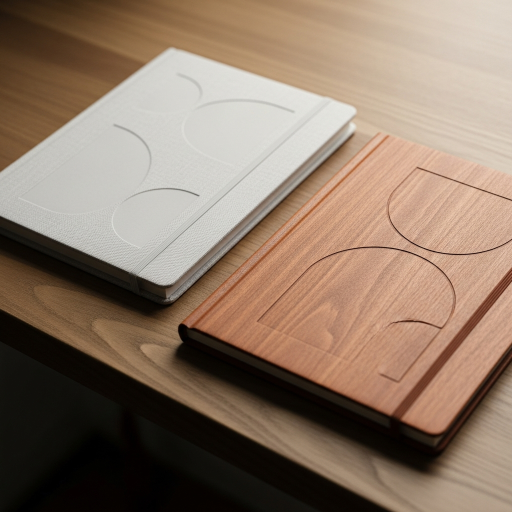 Agendas de tela y madera personalizadas con nombres grabados en la portada sobre una mesa de oficina