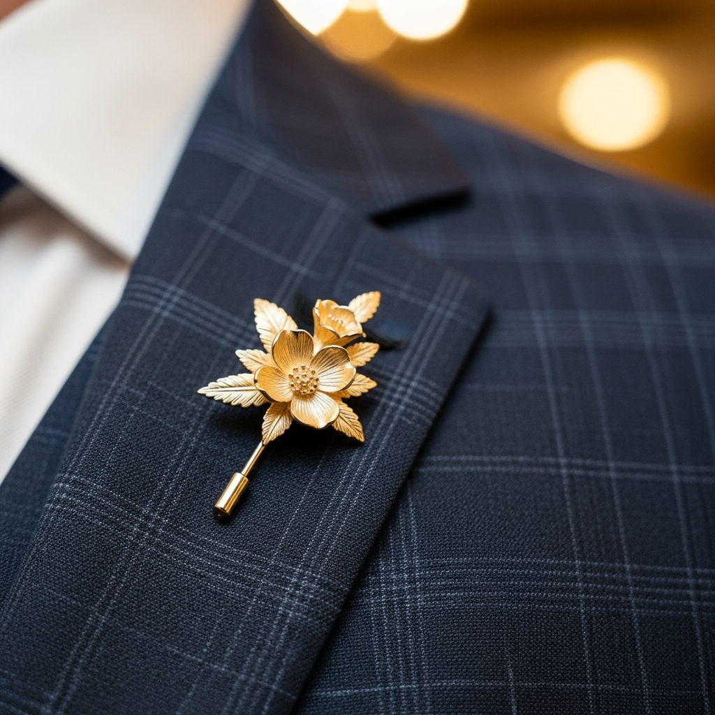 Pins metálicos grabados con nombres personalizados colocados sobre la solapa de un traje de boda
