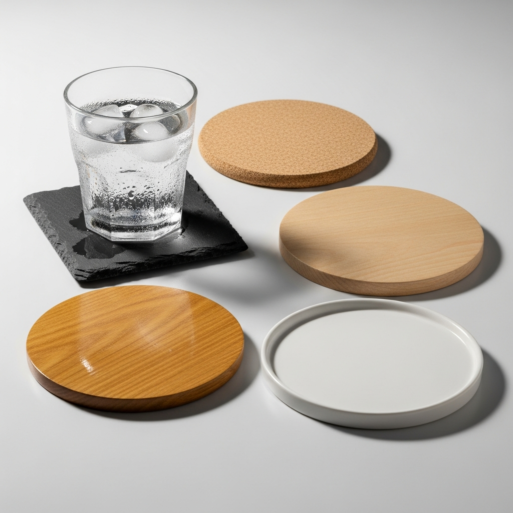 Vaso con hielo y taza de café sobre posavasos de corcho, madera, pizarra y cerámica en una mesa