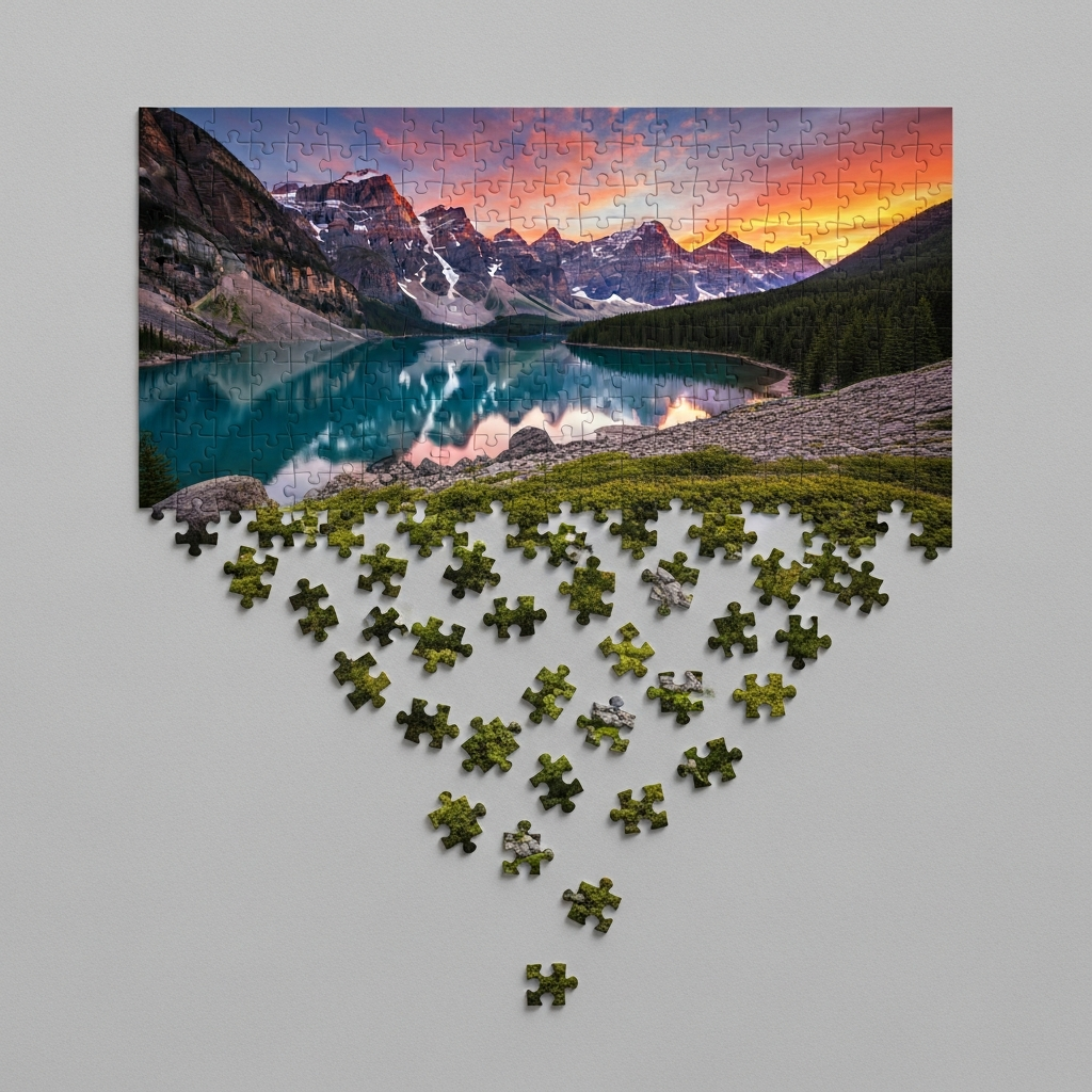 Manos montando un puzzle personalizado con una fotografía familiar nítida sobre una mesa