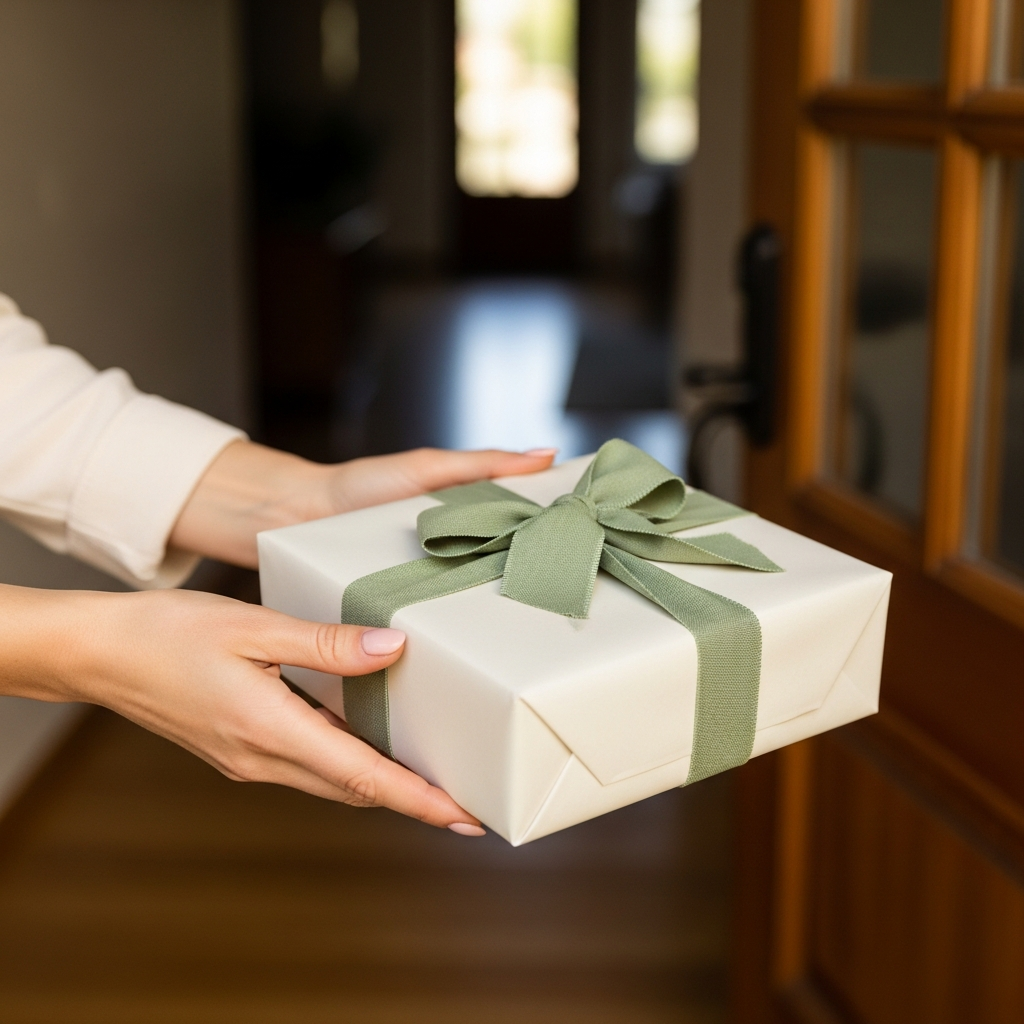 Manos entregando una caja de regalo con lazo y una botella de vino en la puerta de una casa