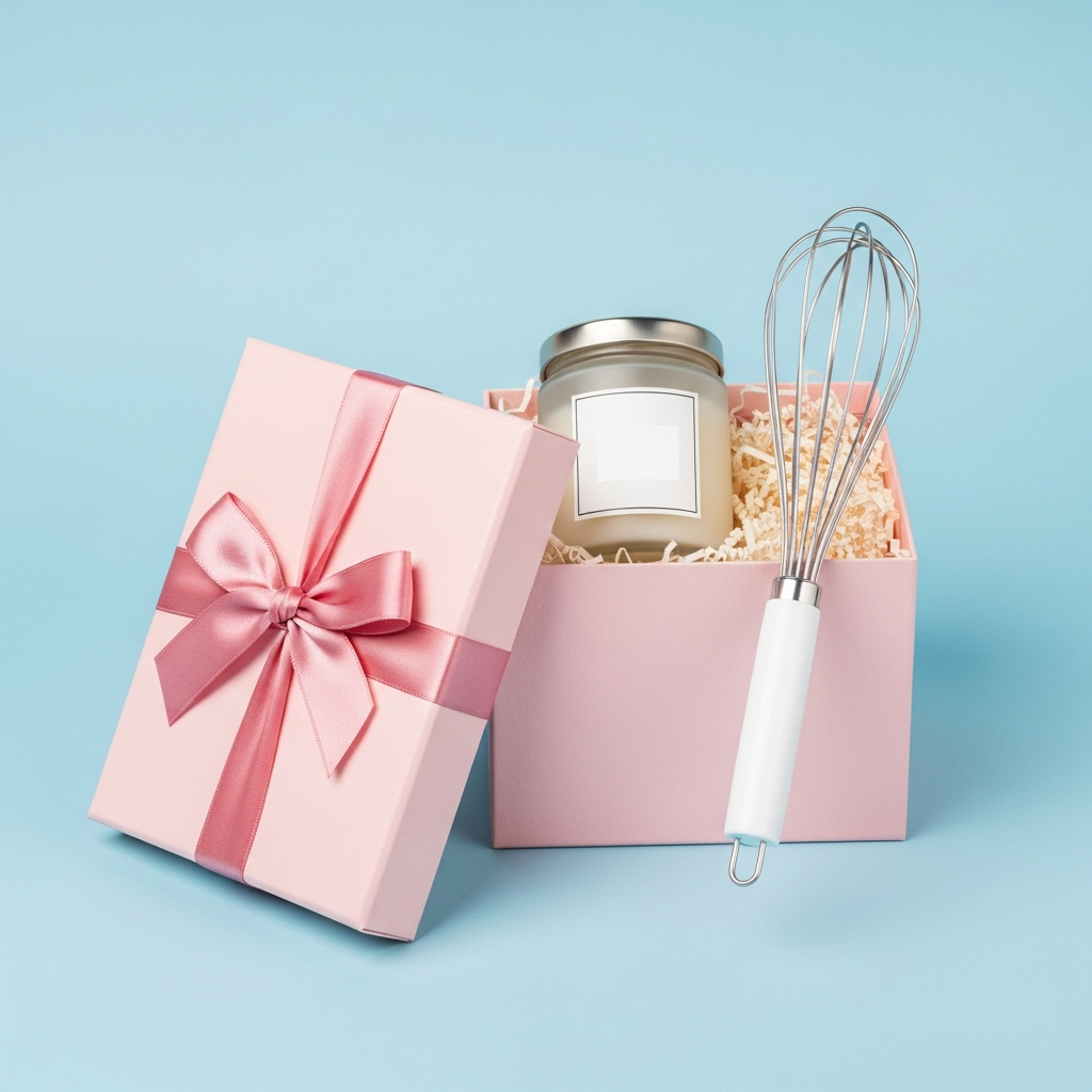 Persona con gesto de decepción al abrir una caja de regalo con una vela y un perfume genérico