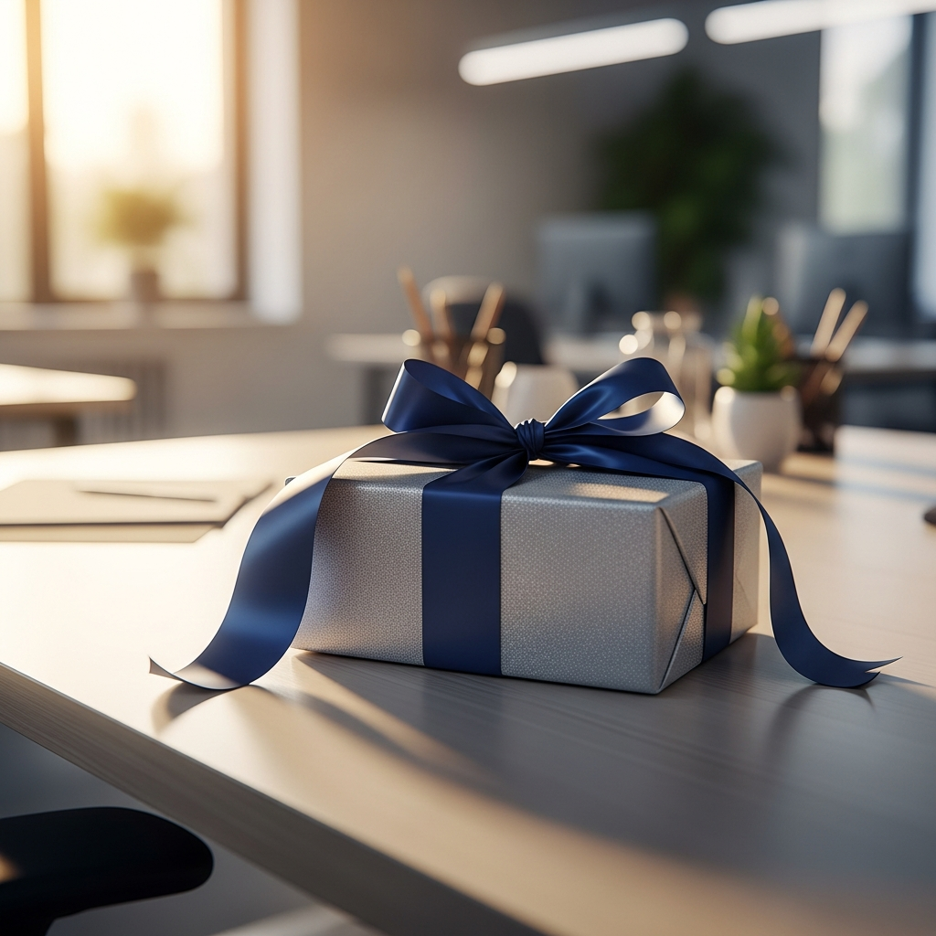 Compañeros de trabajo sonriendo al entregar una caja de regalo envuelta con un lazo a un colega en la oficina