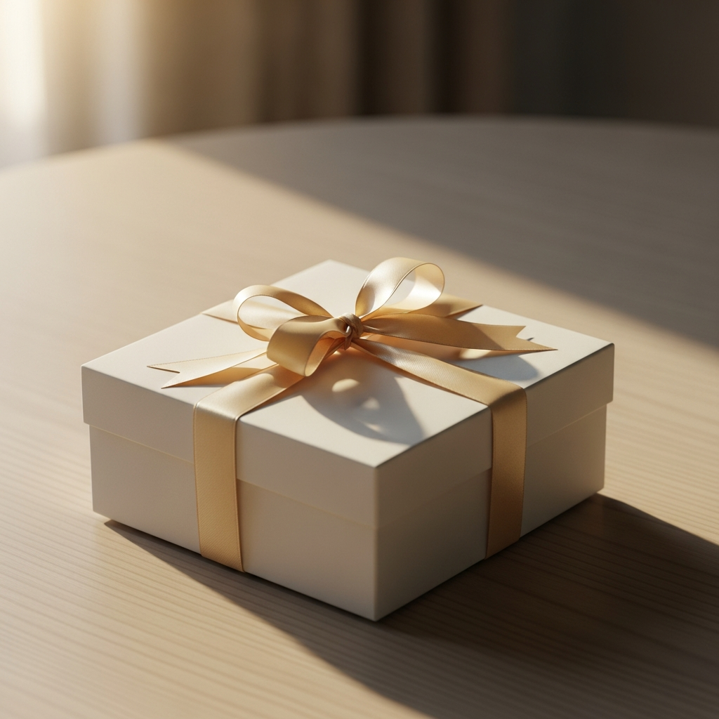 Mujer sonriente y sorprendida sosteniendo una elegante caja de regalo decorada con un lazo
