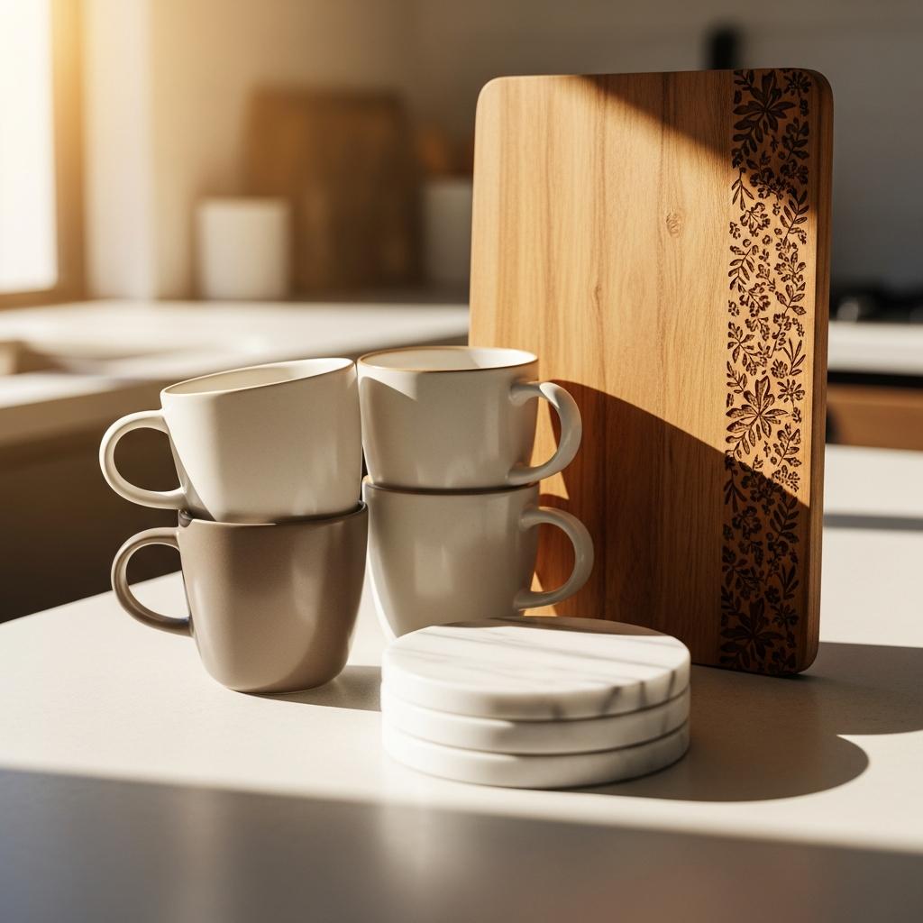 Tabla de cortar de madera grabada y dos tazas personalizadas sobre una mesa de cocina rústica