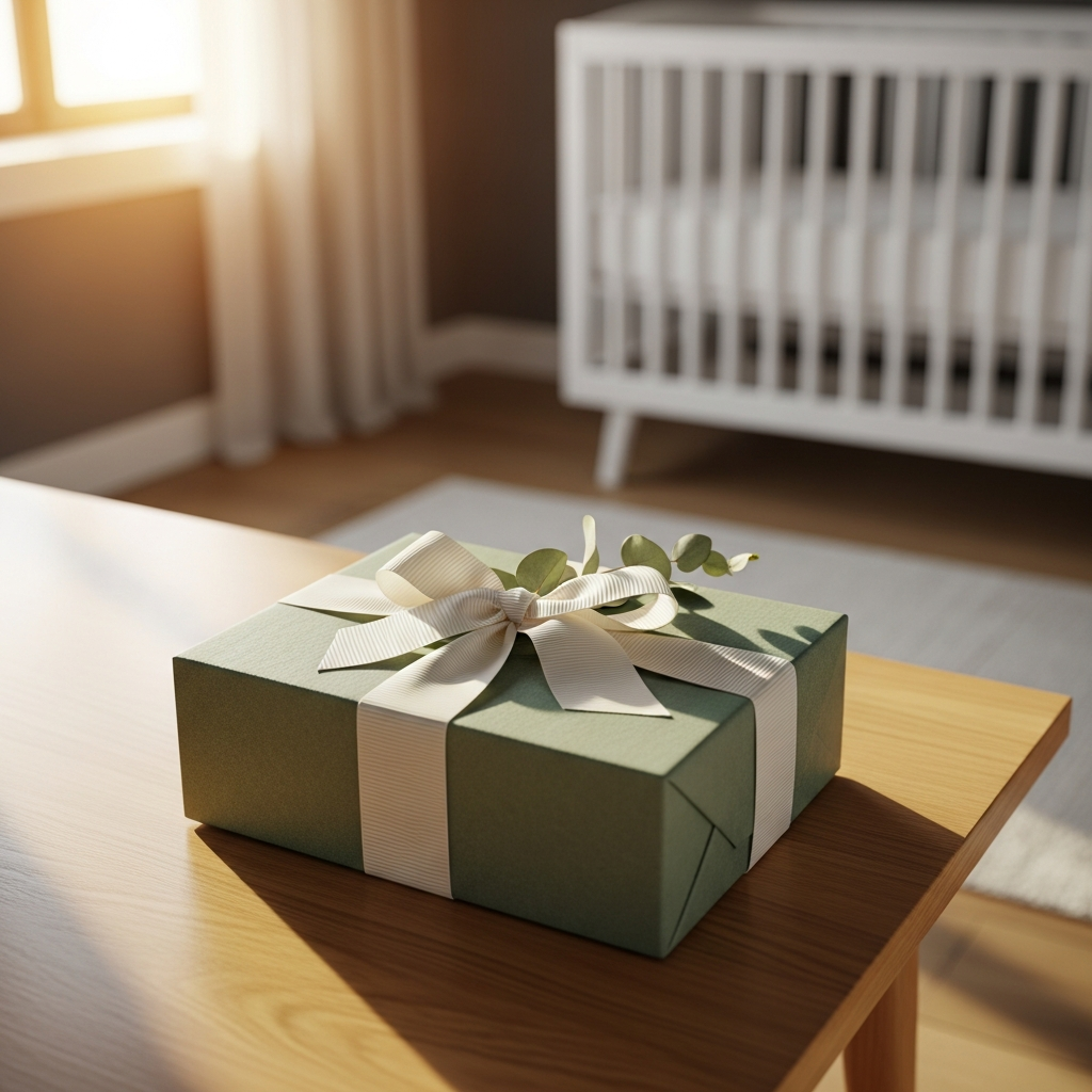 Padres primerizos sonrientes con su bebé en brazos abriendo una caja de regalo decorada en el salón