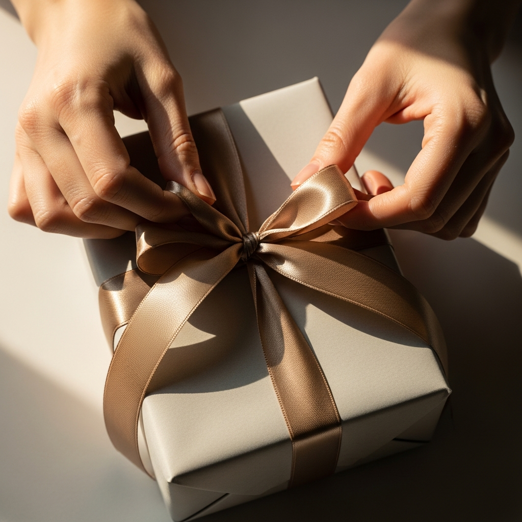 Manos ofreciendo una caja de regalo elegante y neutra envuelta con un lazo sencillo